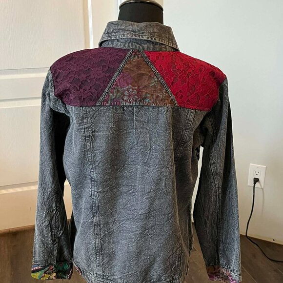 Parsely & Sage Women's Grey Denim Button Down Patchwork size Medium - Picture 3 of 7